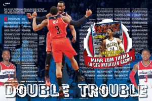 Ein Artikel aus der aktuellen BASKET: Das Wizards Duo John Wall und Bradley-Beal.