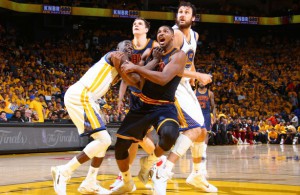 OAKLAND, CA - JUNE 4: Draymond Green #23 of the Golden State Warriors and Tristan Thompson #13 of the Cleveland Cavaliers box out during Game One of the 2015 NBA Finals on June 4, 2015 at Oracle Arena in Oakland, California. NOTE TO USER: User expressly acknowledges and agrees that, by downloading and or using this photograph, user is consenting to the terms and conditions of Getty Images License Agreement. Mandatory Copyright Notice: Copyright 2015 NBAE (Photo by Nathaniel S. Butler/NBAE via Getty Images)