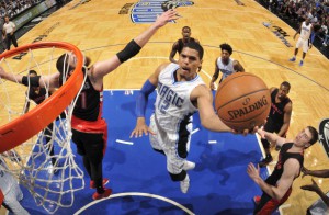 ORLANDO, FL - APRIL 10:  Tobias Harris #12 of the Orlando Magic goes up for a shot against the Toronto Raptors on April 10, 2015 at Amway Center in Orlando, Florida. NOTE TO USER: User expressly acknowledges and agrees that, by downloading and or using this photograph, User is consenting to the terms and conditions of the Getty Images License Agreement. Mandatory Copyright Notice: Copyright 2015 NBAE (Photo by Fernando Medina/NBAE via Getty Images)
