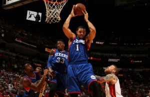 MIAMI, FL - FEBRUARY 23:  JaVale McGee #1 of the Philadelphia 76ers grabs the rebound against the Miami Heat on February 23, 2015 at American Airlines Arena in Miami, Florida.  NOTE TO USER: User expressly acknowledges and agrees that, by downloading and or using this Photograph, user is consenting to the terms and conditions of the Getty Images License Agreement. Mandatory Copyright Notice: Copyright 2015 NBAE (Photo by Issac Baldizon/NBAE via Getty Images)